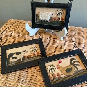 Primitive Farm Animal Fiber Art Pictures Set Of 3 Rustic Country 4” X6”
